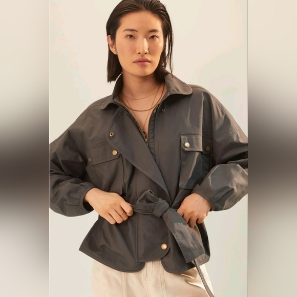 Anthropologie Mare Mare Puffed Sleeve Cropped Trench Field Cargo Utility Jacket - Picture 2 of 6